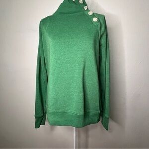 J. Crew green sweatshirt with white button at side neckline. Sz S. Preowned.